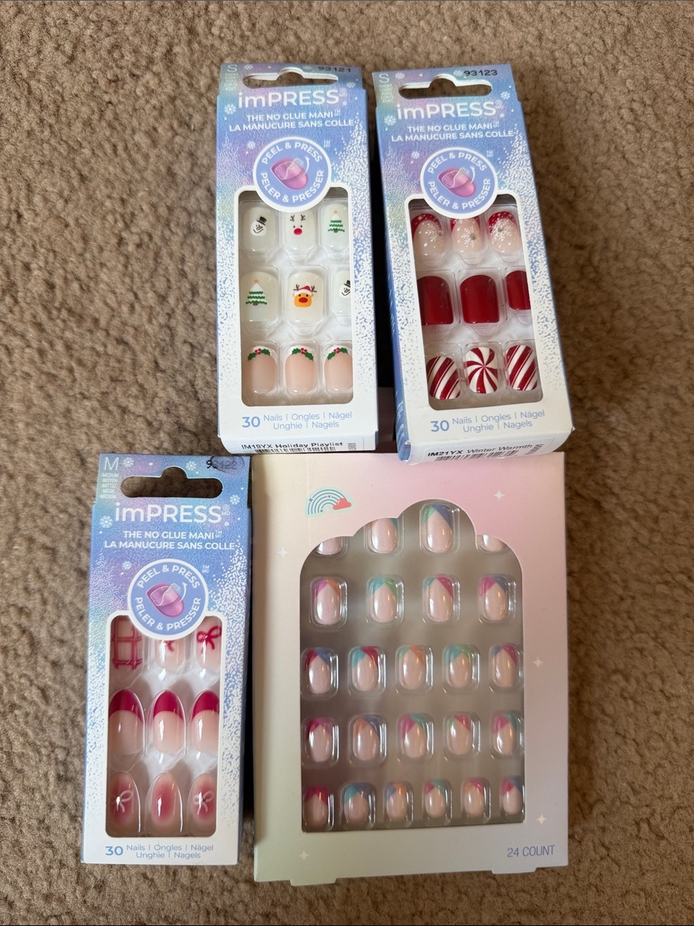 imPRESS Press-On Nail 4-Pack Set in Red, White, Pink, Green